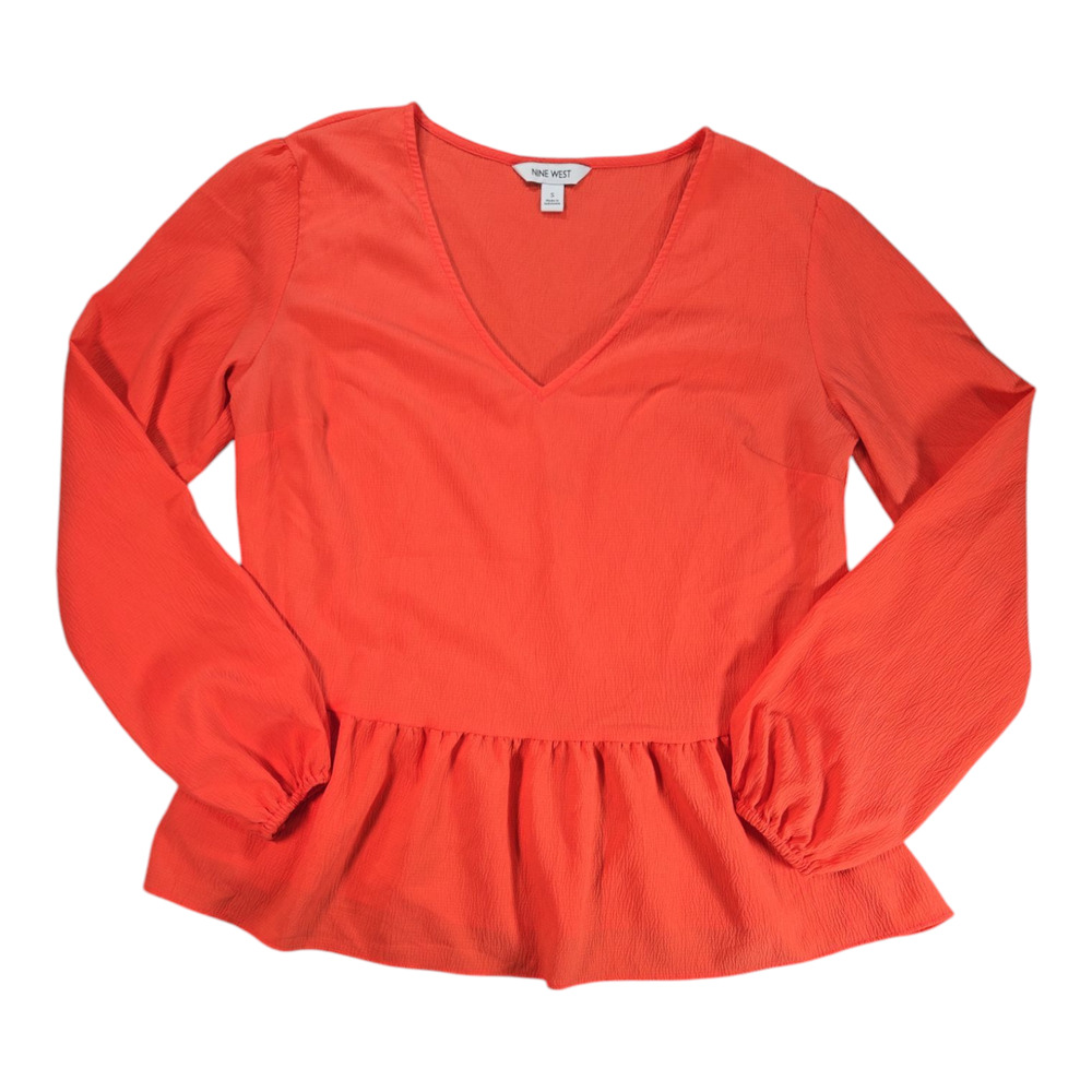 Nine West Wom Small Long Sleeve Ruffle Hem Coral Pink Blouse Spring Easter EUC - Picture 2 of 10